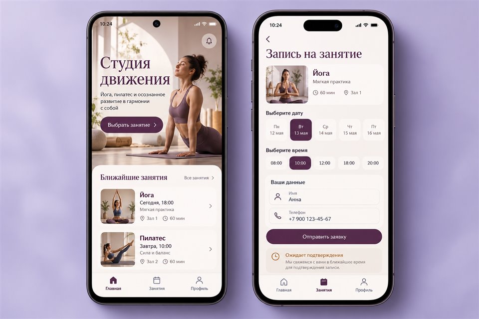 Концепт приложения студии йоги и пилатеса для Android и iOS: занятия и заявка на запись
